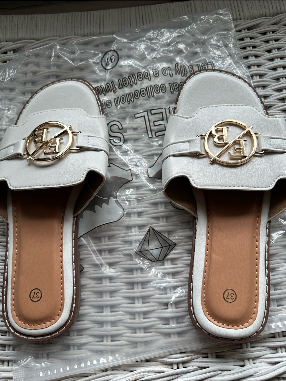 White Slide Sandals with Gold Accent